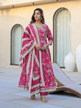 Women's Ethnic Jaipuri Floral Printed Angrakha Anarkali Kurta With Trouser & Dupatta