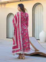 Women's Ethnic Jaipuri Floral Printed Angrakha Anarkali Kurta With Trouser & Dupatta