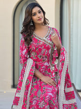Women's Ethnic Jaipuri Floral Printed Angrakha Anarkali Kurta With Trouser & Dupatta