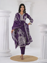 Women's Floral Printed V Neck Thread Embroidered Kurta With Trouser & Dupatta