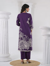 Women's Floral Printed V Neck Thread Embroidered Kurta With Trouser & Dupatta