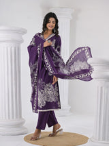 Women's Floral Printed V Neck Thread Embroidered Kurta With Trouser & Dupatta