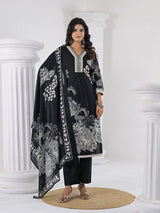 Women's Floral Printed V Neck Thread Embroidered Kurta With Trouser & Dupatta