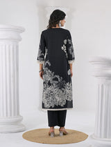 Women's Floral Printed V Neck Thread Embroidered Kurta With Trouser & Dupatta