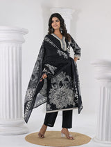 Women's Floral Printed V Neck Thread Embroidered Kurta With Trouser & Dupatta