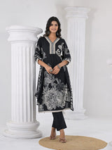 Women's Floral Printed V Neck Thread Embroidered Kurta With Trouser & Dupatta
