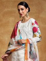 Women's Thread Embroidered Kurta With Trouser & Floral Printed Dupatta