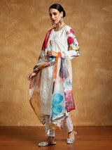 Women's Thread Embroidered Kurta With Trouser & Floral Printed Dupatta