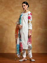 Women's Thread Embroidered Kurta With Trouser & Floral Printed Dupatta