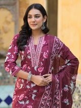 Women's Floral Printed Detailed With Embroidered Placket Kurta With Trouser & Dupatta