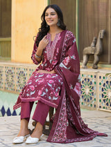 Women's Floral Printed Detailed With Embroidered Placket Kurta With Trouser & Dupatta