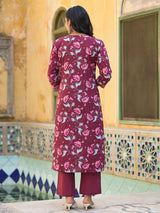 Women's Floral Printed Detailed With Embroidered Placket Kurta With Trouser & Dupatta
