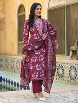 Women's Floral Printed Detailed With Embroidered Placket Kurta With Trouser & Dupatta