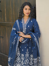 Women's Ethnic Printed V Neck Kurta With Trouser & Dupatta