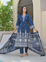 Women's Ethnic Printed V Neck Kurta With Trouser & Dupatta