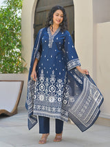 Women's Ethnic Printed V Neck Kurta With Trouser & Dupatta