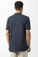 Men's Navy Casual Striped Regular Fit Half Sleeves Tshirt