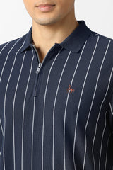 Men's Navy Casual Striped Regular Fit Half Sleeves Tshirt