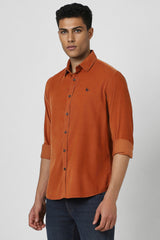 Men's Orange Casual Solid Slim Fit Full Sleeves Shirt