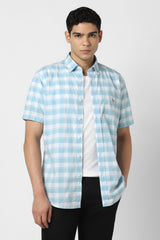 Men's Blue Casual Checkerd Slim Fit Half Sleeves Shirt