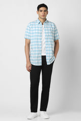 Men's Blue Casual Checkerd Slim Fit Half Sleeves Shirt