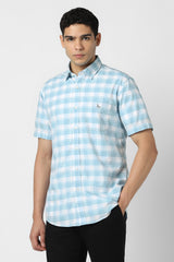 Men's Blue Casual Checkerd Slim Fit Half Sleeves Shirt