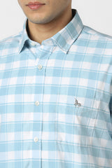 Men's Blue Casual Checkerd Slim Fit Half Sleeves Shirt