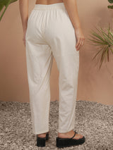 Women's Off White Casual Solid Straight Fit Trouser