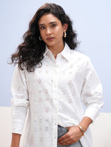 Women's White Ethnic Printed Regular Fit Full Sleeves Shirt