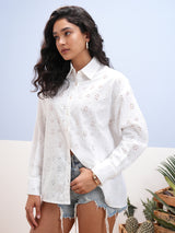 Women's White Ethnic Printed Regular Fit Full Sleeves Shirt