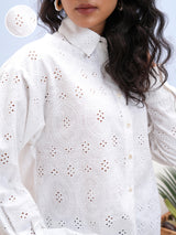 Women's White Ethnic Printed Regular Fit Full Sleeves Shirt