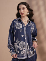 Women's Navy Blue Ethnic Printed Regular Fit Full Sleeves Shirt