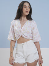 Women's White Printed Regular Fit Half Sleeves Top