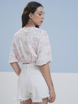 Women's White Printed Regular Fit Half Sleeves Top