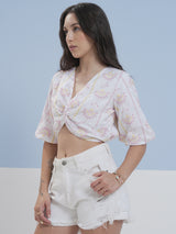 Women's White Printed Regular Fit Half Sleeves Top