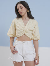 Women's Yellow Ethnic Printed Regular Fit Half Sleeves Top