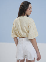 Women's Yellow Ethnic Printed Regular Fit Half Sleeves Top