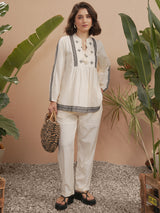 Women's Off White Ethnic Regular Fit Full Sleeves Top