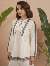 Women's Off White Ethnic Regular Fit Full Sleeves Top