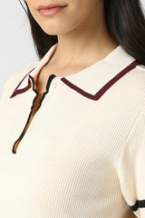 Women's Beige Textured Formal Stylized Neck Top