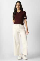 Women's Maroon Textured Formal Stylized Neck Top