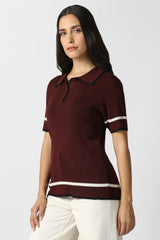 Women's Maroon Textured Formal Stylized Neck Top