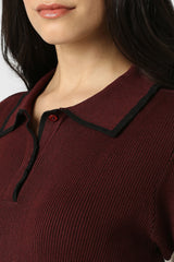 Women's Maroon Textured Formal Stylized Neck Top