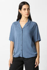 Women's Light Blue Solid Short Sleeves Casual Shirt