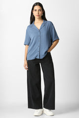 Women's Light Blue Solid Short Sleeves Casual Shirt