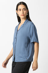 Women's Light Blue Solid Short Sleeves Casual Shirt