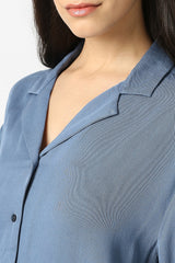 Women's Light Blue Solid Short Sleeves Casual Shirt