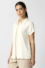 Women's Beige Solid Short Sleeves Formal Shirt