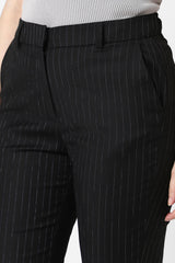 Women's Black Stripe Formal Regular Fit Trousers