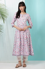 Women's Floral Glitter Printed Cotton Anarkali Kurta
